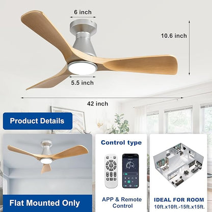 DLLT 42-Inch Ceiling Fans with Lights: Flush Mount Ceiling Fan 3 Blades for Indoor Outdoor - Dimmable Ceiling Fan with Remote APP Control Quiet DC Motor for Low Profile Bedroom