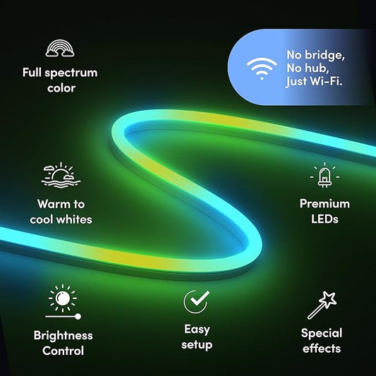 LIFX Neon Flex SuperColor LED Strip Light, 6.5ft Bendable Silicone Neon Rope with Polychrome 24-Zone RGBW Smart Lighting, Wi-Fi, Voice Control, No Hub Required, LFXNEON6.5