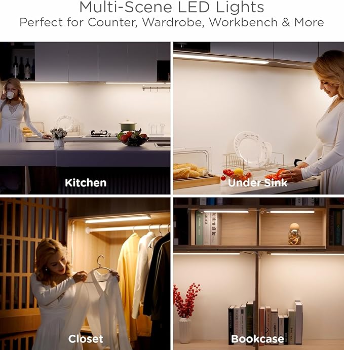 Leetdud Under Cabinet Lighting Plug in 12 Inch, 120V Motion Sensor Lights Indoor, 3CCT 3000/4000/5000K, Aluminum Linkable Super Bright LED Counter Light with Timer for Kitchen, Shelf, Closet, 4 Pack