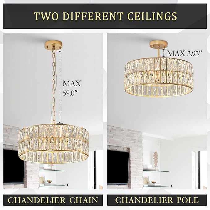 CATINER Modern Crystal Chandelier for Dining Room Gold Semi Flush Mount Ceiling Light Fixtures 18” Large Round Crystal Pendant Lighting for Foyer Bedroom Living Room