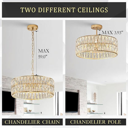 CATINER Modern Crystal Chandelier for Dining Room Gold Semi Flush Mount Ceiling Light Fixtures 18” Large Round Crystal Pendant Lighting for Foyer Bedroom Living Room