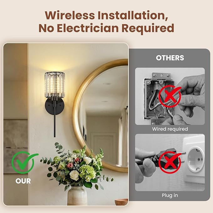 1- Pack Crystal Battery Operated Wall Sconces, Brushed Gold Rechargeable Wireless Wall Sconce Lights with Dimmable Bulbs and Remote, 12 Colors and 3CCT Dimmable Crystal Lamps for Living Bedroom