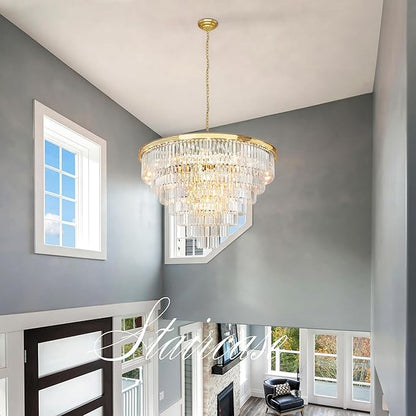 Gold Crystal Chandelier Lighting Modern Contemporary Empress Chandeliers Pendant Ceiling Lamp Light Fixture 7-Tier for Dining Living Room Hotel 24 Lights W39.4
