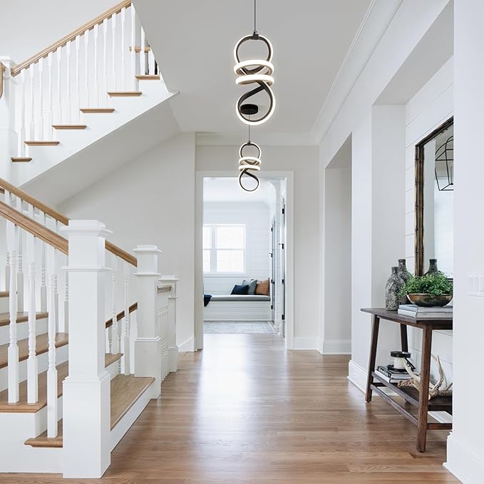 EIDISUNY Modern Led Pendant Light Fixture, 15W Black Spiral Pendant Light Kitchen Island, 4500K Daylight White Pendant Lamp, Adjustable Height Chandelier for Kitchen Dining Room Bedroom (Black)