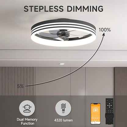 VOLISUN Low Profile Ceiling Fans with Lights and Remote, 19.7in Flush Mount Ceiling Fan with Light, 3000K-6500K Dimmable Fandelier LED Fan Light, Black Bladeless Ceiling Fans with Lights for Bedroom