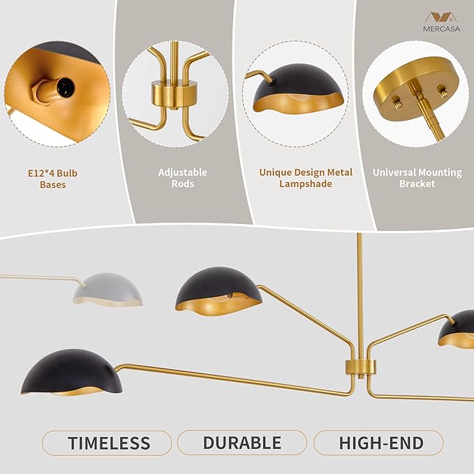 Modern Chandelier Large 55" Black and Gold Sputnik Chandeliers 4 Lights Mid Century Ceiling Pendant Light Fixture Luxury Metal for Dining Room Foyer Staircase
