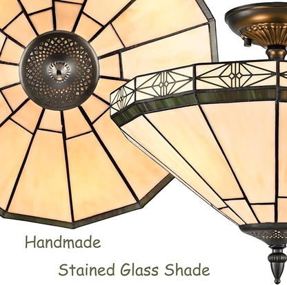 DIRYZON Tiffany Style Flush Mount Ceiling Light - 3-Light Stained Glass Light Fixture Vintage Ceiling Light with Glass Copper Shade for Hallway Living Room Bedroom