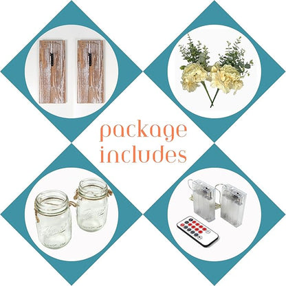 Rustic Wall Decor Set of 2, Modern Farmhouse Decor Living Room for Home Living Room Bedroom Decorations with Rose Bouquet Flowers and Remote LED Fairy Lights (X-Large Brown)