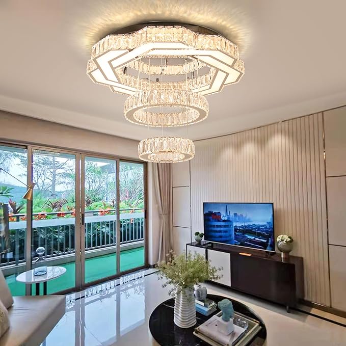 22.5" Crystal Chandeliers Modern Living Room Chandelier LED Crystal Ceiling Light 2 Rings Pendant Light Flush Mount Chandelier for Bedroom Dining Room Entryway Warm