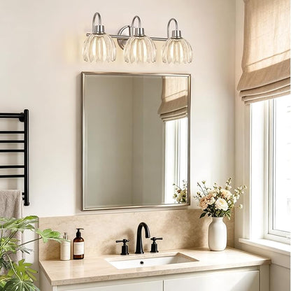3-Light Bathroom Light Fixtures, 20" Vanity Light Over Mirror with Ribbed Clear Tulip Glass Shades, Brushed Nickel Wall Lights for Bathroom, Bedroom, Living Room, Hallway (Bulb Not Included)