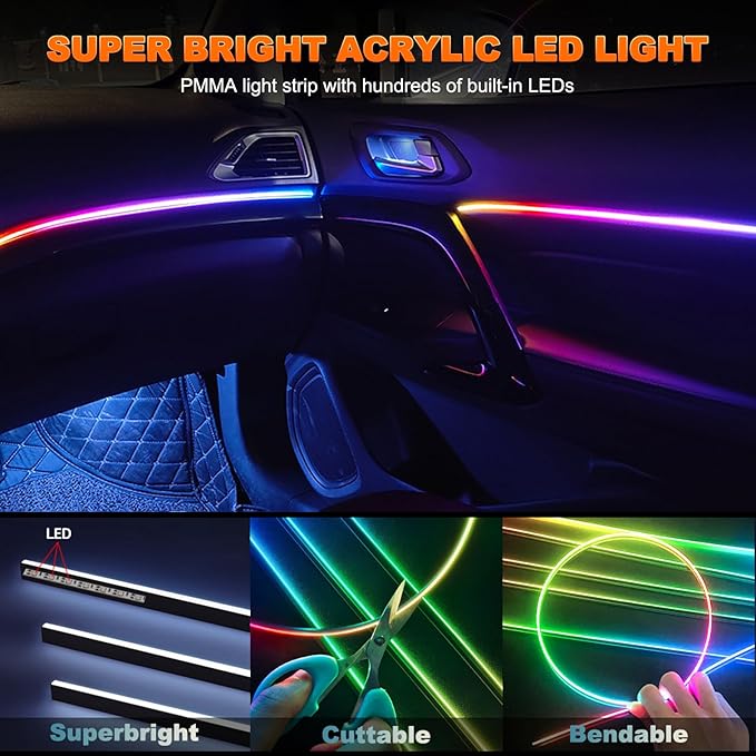 Jushope Car LED Strip Lights, Interior Acrylic LED Lights for Car with Dynamic Rainbow Dream Color Chasing, Ambient Lighting Kits Music Sync (6 in 1(4 * 29.5+43.3+14.5 inches))
