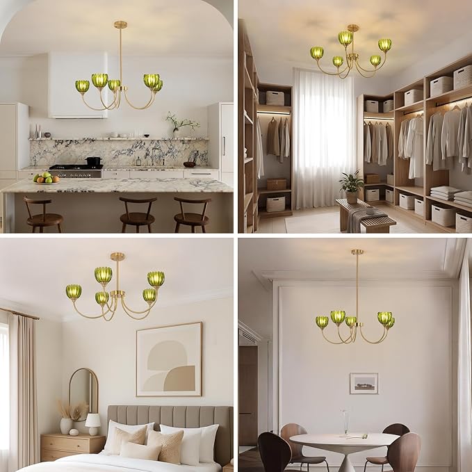 Shenmoyl 30.31" Brass Gold Chandelier, 5-Light Chandelier Light with Green Tulip Glass Lampshade, Height Adjustable Vintage Chandeliers for Dining Room Living Room Kitchen Island
