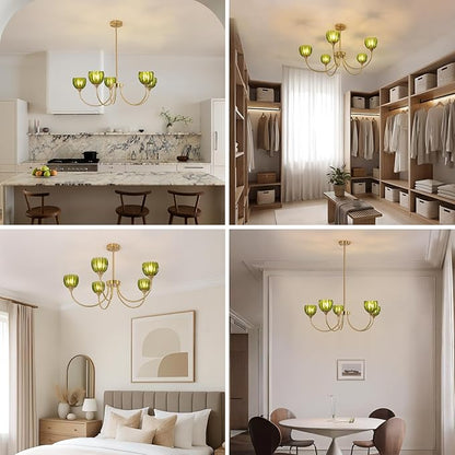 Shenmoyl 30.31" Brass Gold Chandelier, 5-Light Chandelier Light with Green Tulip Glass Lampshade, Height Adjustable Vintage Chandeliers for Dining Room Living Room Kitchen Island