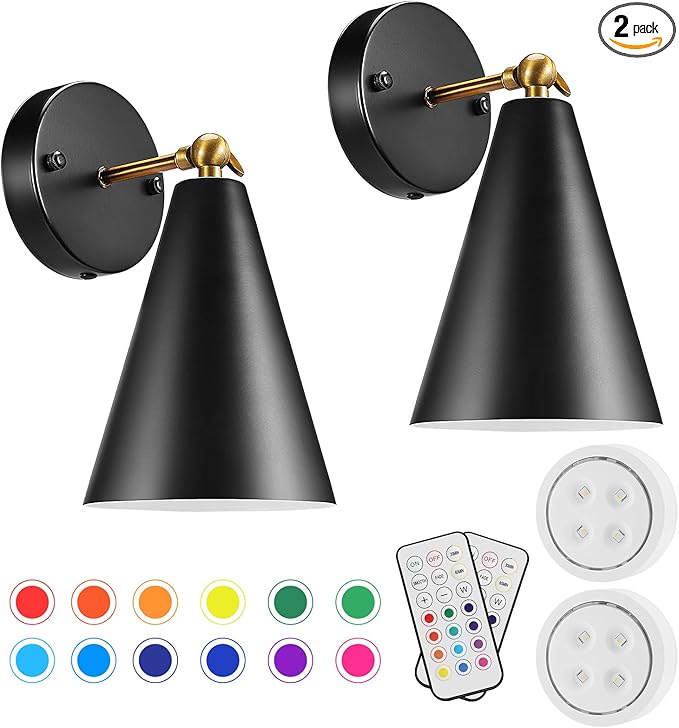 Battery Operated Wall Sconce, Wireless Wall Lights Set of 2, 13 RGB Colors Dimmable Battery Powered Wall Lamp Fixture with Remote Control, Memory Function, Auto Timer for Bedroom, Living Room, Hallway