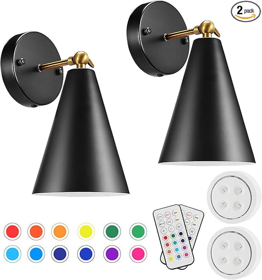 Battery Operated Wall Sconce, Wireless Wall Lights Set of 2, 13 RGB Colors Dimmable Battery Powered Wall Lamp Fixture with Remote Control, Memory Function, Auto Timer for Bedroom, Living Room, Hallway