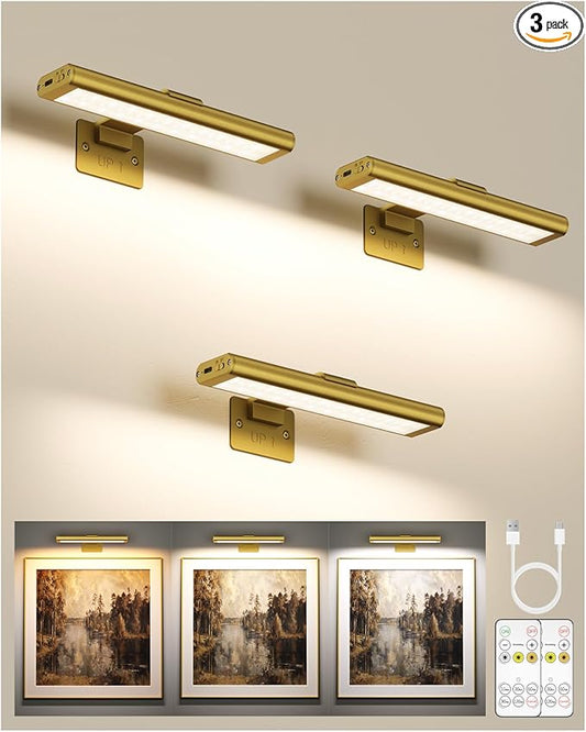 EZVALO Picture Light for Wall, Rechargeable 2400mAh Battery Lights Wireless with IR Remote, 3 Color & Dimmable Magnetic 7.87'' LED Lights Display for Painting, Living Room, Gallery, Bedroom(Gold-3P)