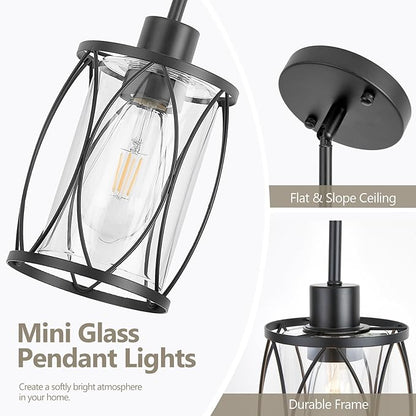 Glass Pendant Lights Kitchen Island Black Pendant Light Fixtures Adjustable Farmhouse Mini Hanging Light with Clear Glass for Sink Dining Room Foyer Entryway Bar, 2 Pack