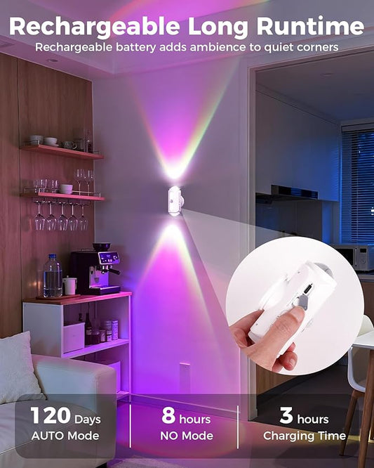 4 Pack Motion Sensor Wall Light, Magnetic Wireless RGB Dimmable Wall Lamps, Rechargeable Wireless Hallway Lights, Battery Operated Lighting for Stairs, Bedroom, Bathroom, Bar Decor