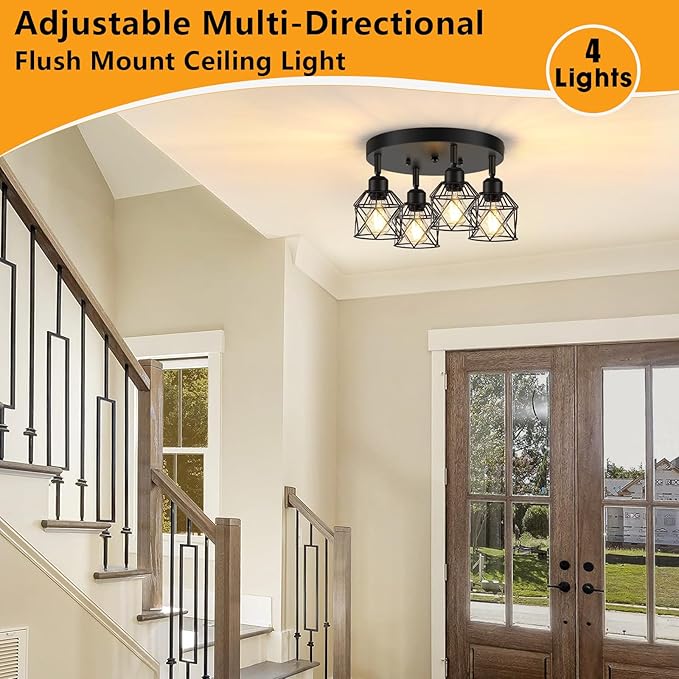 Baocuz 4-Light Kitchen Light Fixtures Ceiling Mount, Adjustable Multi-Directional Black Flush Mount Ceiling Light Fixture, Farmhouse Metal Cage Ceiling Lights for Dining Room Entryway Hallway