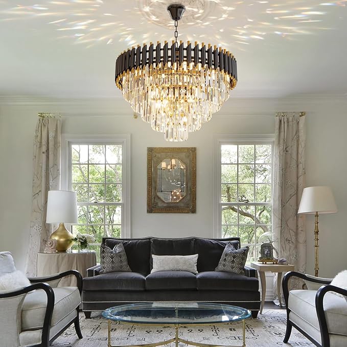 24 inch Black Gold Crystal Chandelier 5-Tier Modern Luxury Pendant Light Fixture for High Ceiling 10-Light Large K9 Crystal Lighting for Foyer Living Room Dining Room