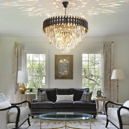 24 inch Black Gold Crystal Chandelier 5-Tier Modern Luxury Pendant Light Fixture for High Ceiling 10-Light Large K9 Crystal Lighting for Foyer Living Room Dining Room