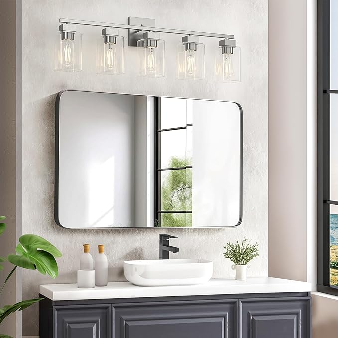 5 Light Bathroom Vanity Light - Brush Nickel Bathroom Light Fixtures Square Design & UL Certification, 31 Inch Long Light Fixtures Over Mirror for Bedroom & Restroom