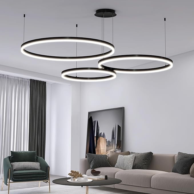 Mikeru Modern LED 3 Ring Chandelier Light, Ceiling Pendant Light Fixtures with Remote Control 3000k-6500K Adjustable Color Temperature Light for Living Room, Bedroom, Kitchen （15.7+23.6+31.5N）