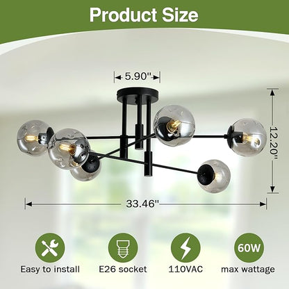 6-Lights Glass Globe Sputnik Chandelier Modern Flush Mount Ceiling Light Fixture Black Farmhouse Lighting for Dining Room Living Room Bedroom Kitchen Passageway.