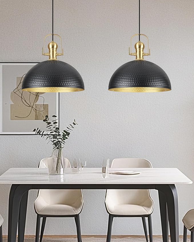 15.7 Inch Black Pendant Light 2 Pack, Hammered Industrial Pendant Lights，Adjustable Height, Large Dome Pendant Light Fixtures for Kitchen, Dining Room, Bedroom,Bar