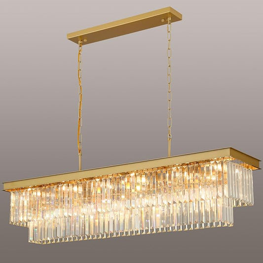 Weesalife Crystal Chandeliers for Dining Room Light Fixtures Over Table，18-Lights Gold Modern Rectangle Chandeliers for Kitchen Island Bar L46 Inch