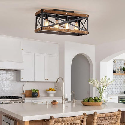 4-Light Large Rustic Farmhouse Wood Flush Mount Ceiling Light Fixture 23.6 inch Oak Wood and Metal Rectangular Track Semi Flush Mount Ceiling Light for Kitchen Living Room Bedroom Indoor, Black