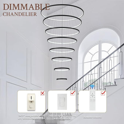 Modern LED Chandelier 8 Rings Dimmable Black High Ceiling Chandelier Foyer, Large LED Contemporary Pendant Lighting for Staircase Entryway Living Room, D35’’ 3000K-6500K