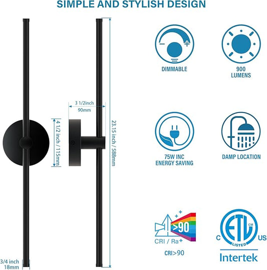 ZAGO Plug in or Hardwired Linear Wall Sconce: 24 Inch LED Indoor Modern Linear Wall Lights Set of Two with On/Off Switch, 5CCT Switchable, Matte Black, Dimmable for Living Room, Bedroom, Hallway
