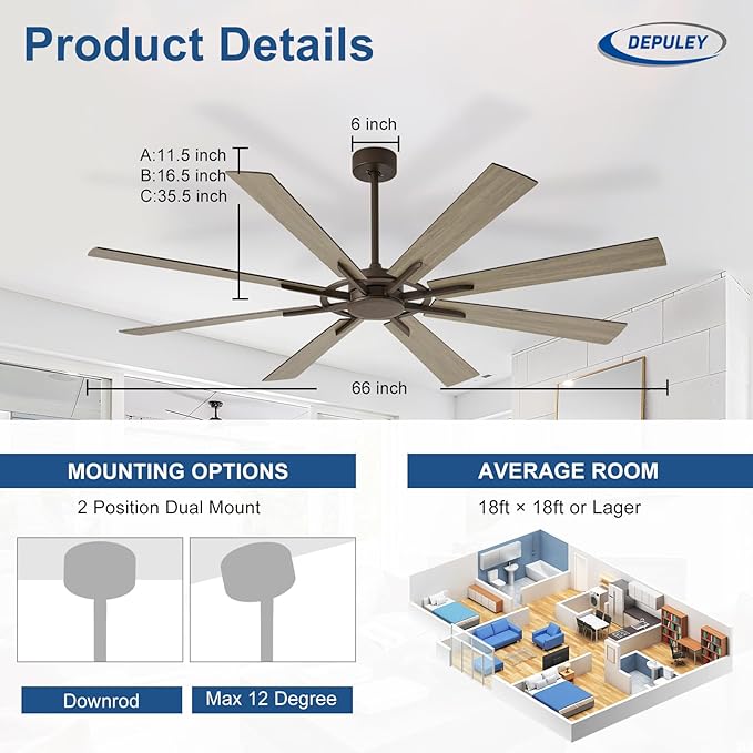 Ceiling Fan Without Light: 66 Inch Big Indoor Outdoor Fan with Remote APP Control - Brown Wood Grain Large Ceiling Fan no Light 8 Blade Reversible Quiet DC Motor Memory Function Timer