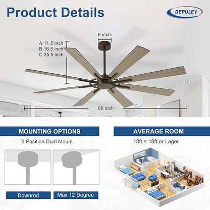 Ceiling Fan Without Light: 66 Inch Big Indoor Outdoor Fan with Remote APP Control - Brown Wood Grain Large Ceiling Fan no Light 8 Blade Reversible Quiet DC Motor Memory Function Timer