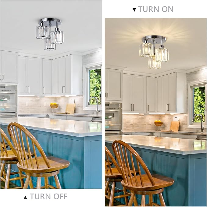 PAUFUL Semi Flush Mount Ceiling Light,3-Light Modern Close to Ceiling Light Fixtures,Kitchen Light with Clear Crystal Shades, Hallway Light Fixtures for Kitchen Entryway Bedroom Bathroom Foyer