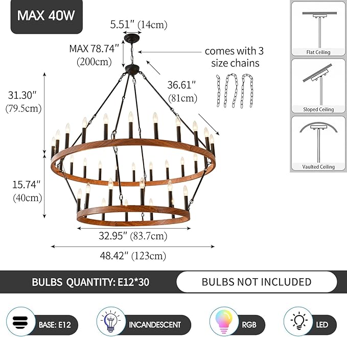 HHR 48" Wood-Grain Surface Double Tier Wagon Wheel Chandelier, 36-Light Round Farmhouse Pendant Light Fixture, Rustic Large Chandelier for Dining Room Living Room Office(Not Solid Wood) E12