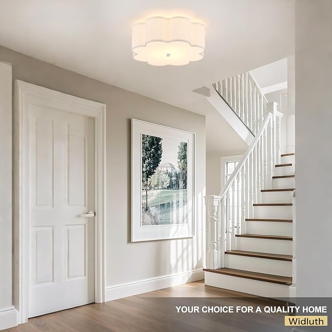 Modern Drum Semi Flush Mount Ceiling Light 3-Lights Modern 17.71" White Drum Ceiling Lighting Fixture Vintage Modern Linen Ceiling Lamp for Kitchen, Basement, Bedroom, Laundry Room