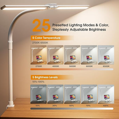 SIBRILLE LED Desk Lamp for Home Office - Dimmable Computer Desk Light with Clamp, Modern Architect Task Lamp with Color Changing, Flexible Desktop Lamp with Gooseneck for Monitor, Double Head, White