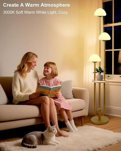 Gold Dimmable Floor Lamp with Table, Modern Floor Lamps with Mushroom Shades for Living Room, 3000K Warm White Tall Standing Lamp with Bulbs& 5Lbs Heavy Base for Bedroom/Office