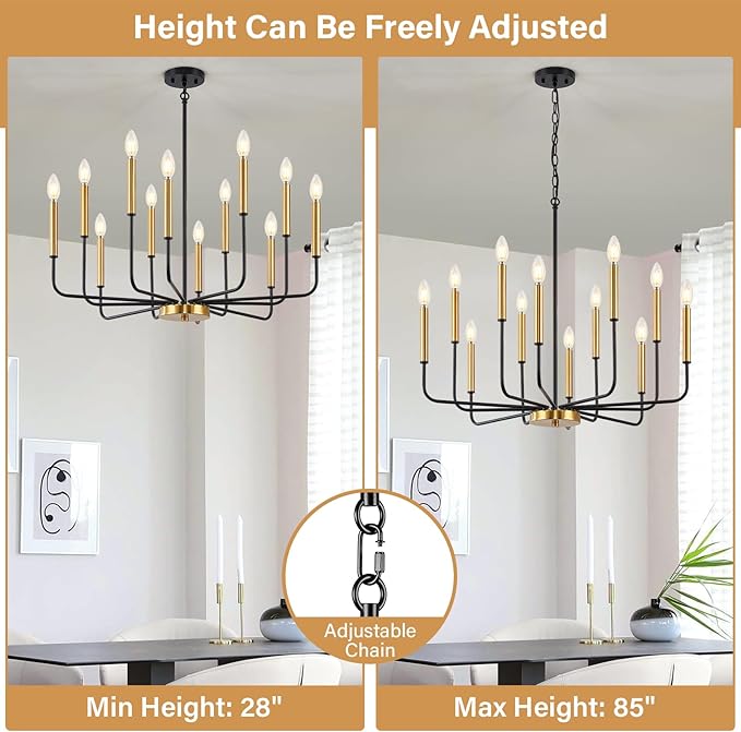 12-Light Black and Gold Chandelier, Modern Farmhouse Chandelier for Dining Room Hanging Lighting Fixture, Metal Candle Chandelier with Chain for Living Room, Kitchen, Entryway, Foyer, Stairs