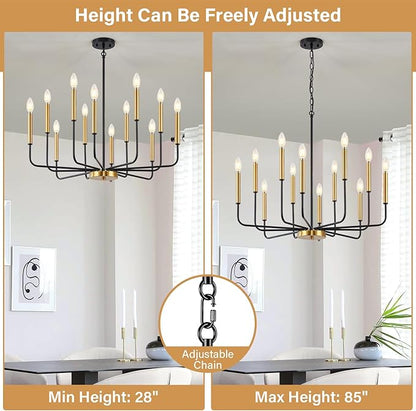 12-Light Black and Gold Chandelier, Modern Farmhouse Chandelier for Dining Room Hanging Lighting Fixture, Metal Candle Chandelier with Chain for Living Room, Kitchen, Entryway, Foyer, Stairs