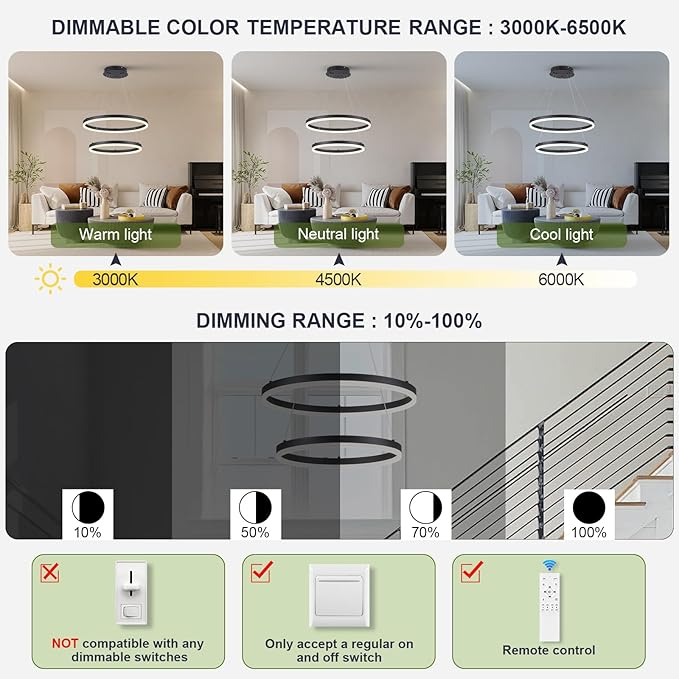 Benkut 2-Rings Modern LED Chandelier Black for Dining Room, Circular Flush Mount Ceiling Chandelier Light Dimmable Pendant Light with Remote Control for Living Room Entrance Foyer, 3000K-6500K