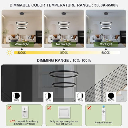 Benkut 2-Rings Modern LED Chandelier Black for Dining Room, Circular Flush Mount Ceiling Chandelier Light Dimmable Pendant Light with Remote Control for Living Room Entrance Foyer, 3000K-6500K