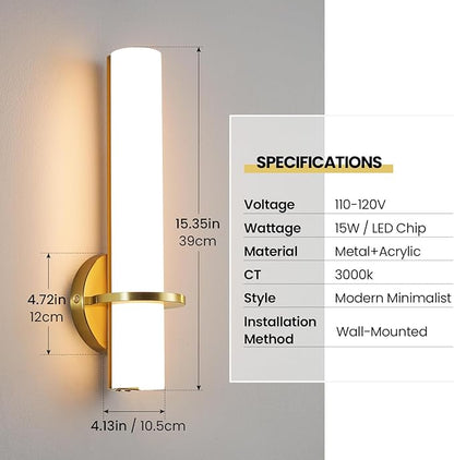 AIJIASI Wall Sconces - 15 inch Gold Wall Sconces Set of Two Modern Bathroom Sconce 15W Dimmable LED Wall Sconce Light with Acrylic Lampshade, Bathroom Vanity Light for Mirror Living Room Hallway 3000K