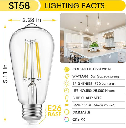 Gozelux LED Edison Light Bulbs, 60W Equivalent Incandescent Edison Bulbs, Efficient 6W ST58, E26 Medium Base, Dimmable, 750 Lumens, 4000K, Cool White, 90+ CRI, Clear - 24 Count (Pack of 1)