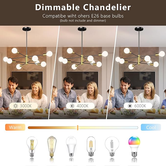 Modern Sputnik Chandelier, Ceiling Light Fixture Flush Mount 8-Light Black and Gold Chandeliers for Living Room Bedroom Dining Room Kitchen, Mid Century Chandeliers, E26 Base,(Bulbs Not Included)