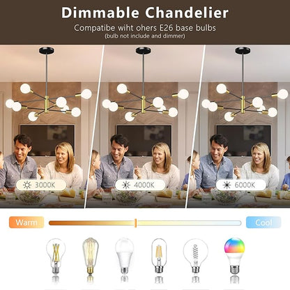Modern Sputnik Chandelier, Ceiling Light Fixture Flush Mount 8-Light Black and Gold Chandeliers for Living Room Bedroom Dining Room Kitchen, Mid Century Chandeliers, E26 Base,(Bulbs Not Included)