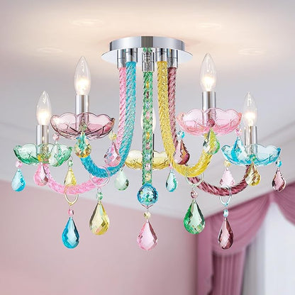 5-Light Children Candle Chandeliers, Modern Candy Design Flushmount Light Fixture for Bedroom, Dining Room, Kitchen, Bathroom, D22×H16 inch, Clear Rainbow Color Finish & K9 Crystal