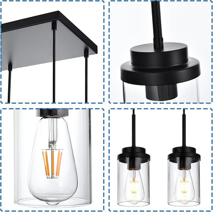 MELUCEE 8 Lights Linear Chandelier Lighting Black Island Light for Kitchen, 31.5 Inches Cluster Pendant Light Fixtures Hanging Foyer Lighting Dining Room Lights with Clear Glass Shade